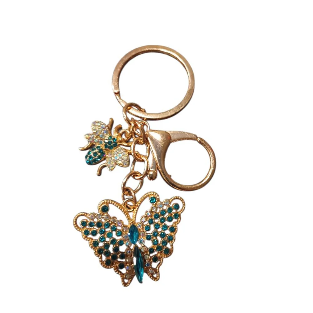 Beautiful Blue Rhinestone Butterfly Bumblebee Gold Tone Keychain Purse Charm